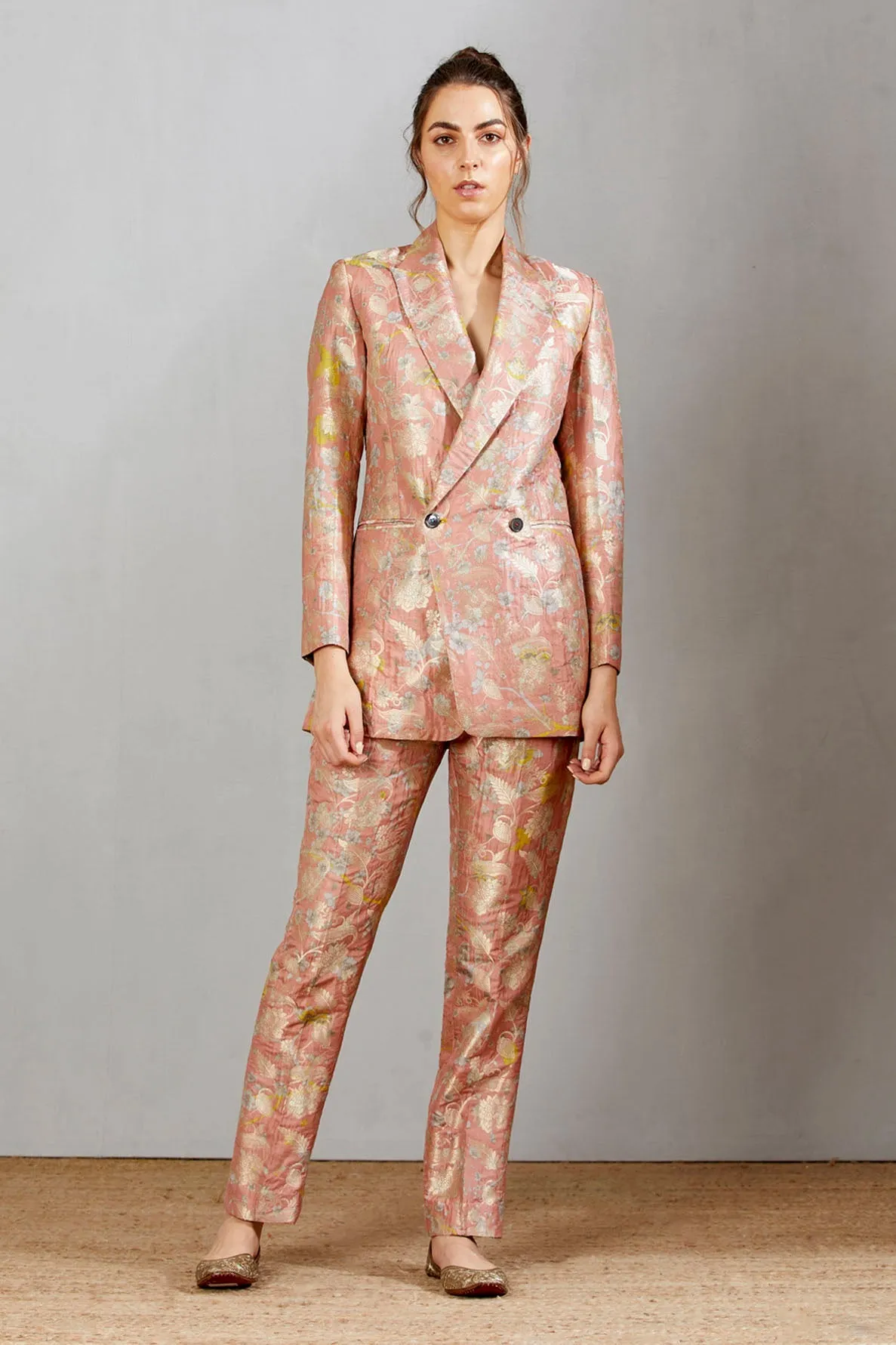 Double Breasted Blazer Silk Brocade Salmon