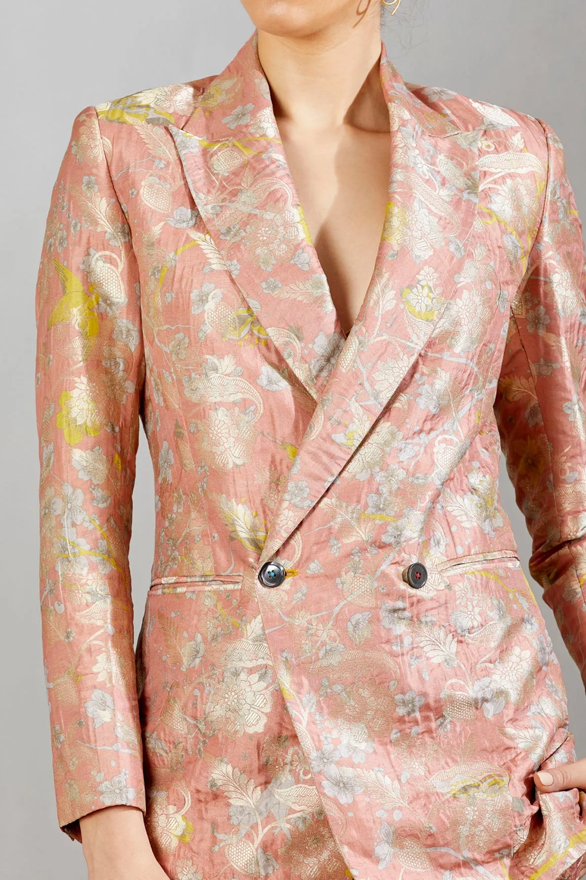 Double Breasted Blazer Silk Brocade Salmon