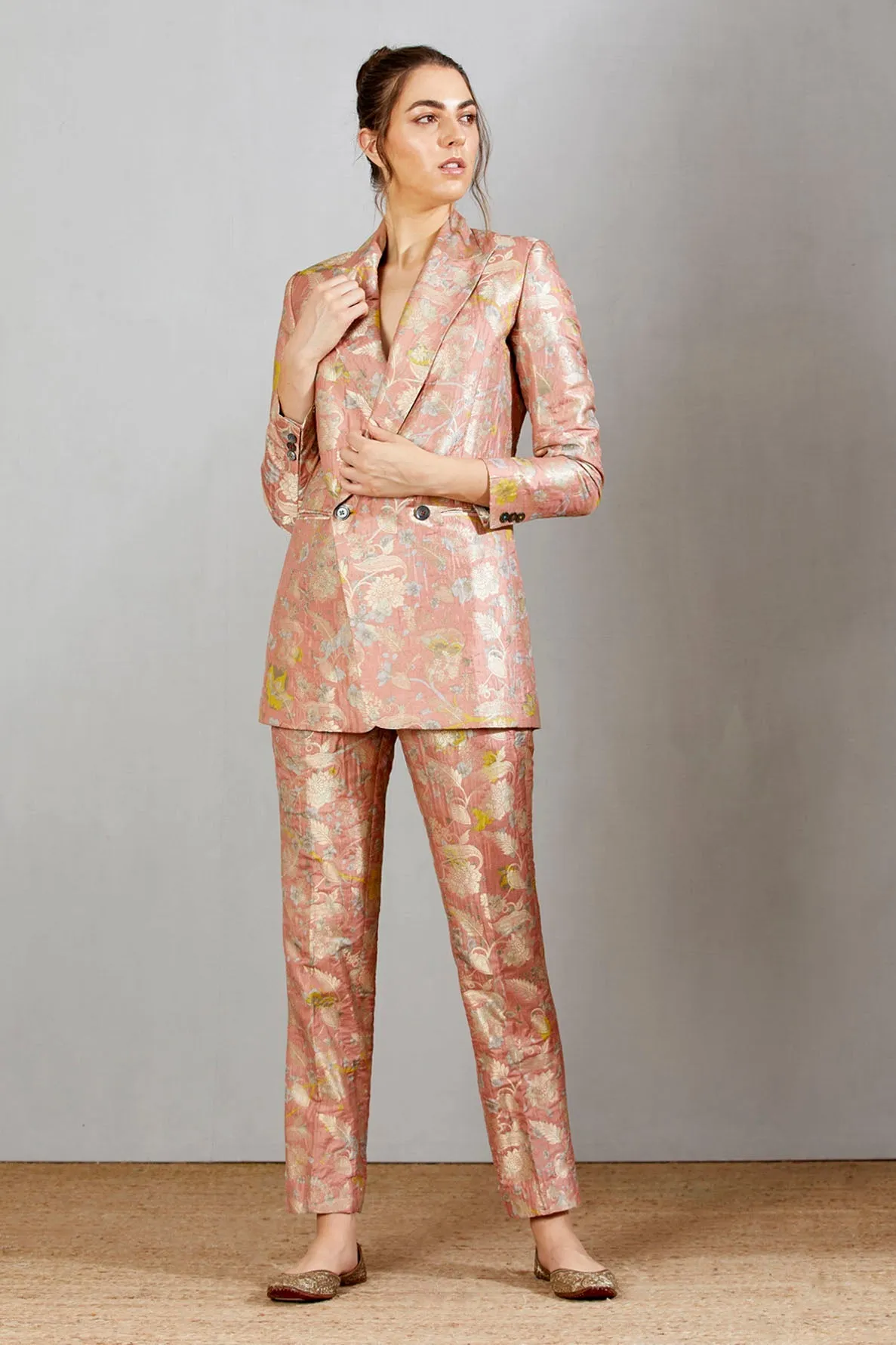 Double Breasted Blazer Silk Brocade Salmon