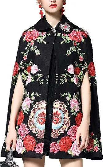 Floral-Embroidered Cape-Coat