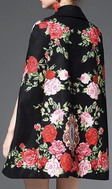 Floral-Embroidered Cape-Coat