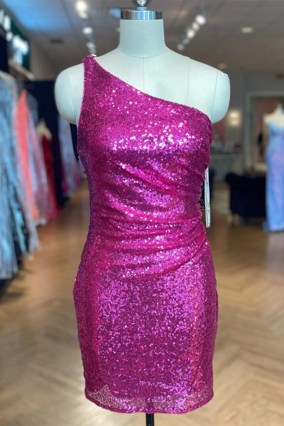 Fuchsia Sequins Sheath One Shoulder Homecoming Dress