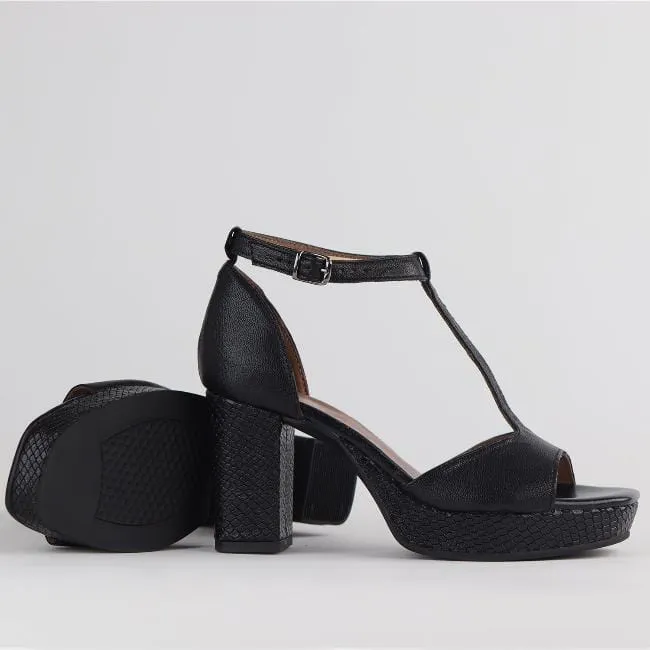 High Heel Platform T-Bar Sandal in Black - 12677