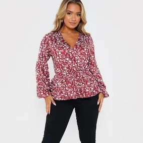 In the Style Wine Floral Peplum Top