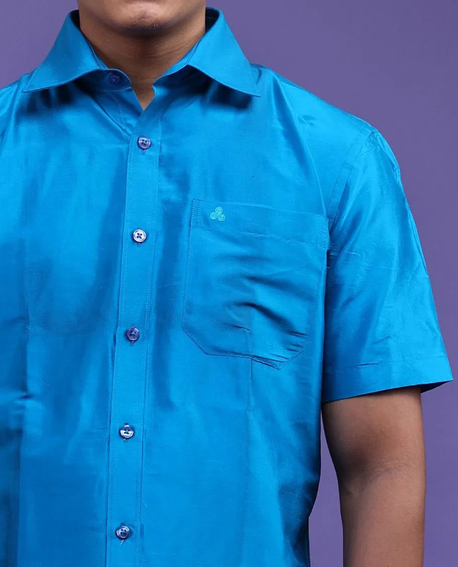 Light blue color plain design half-sleeve pure-silk shirt