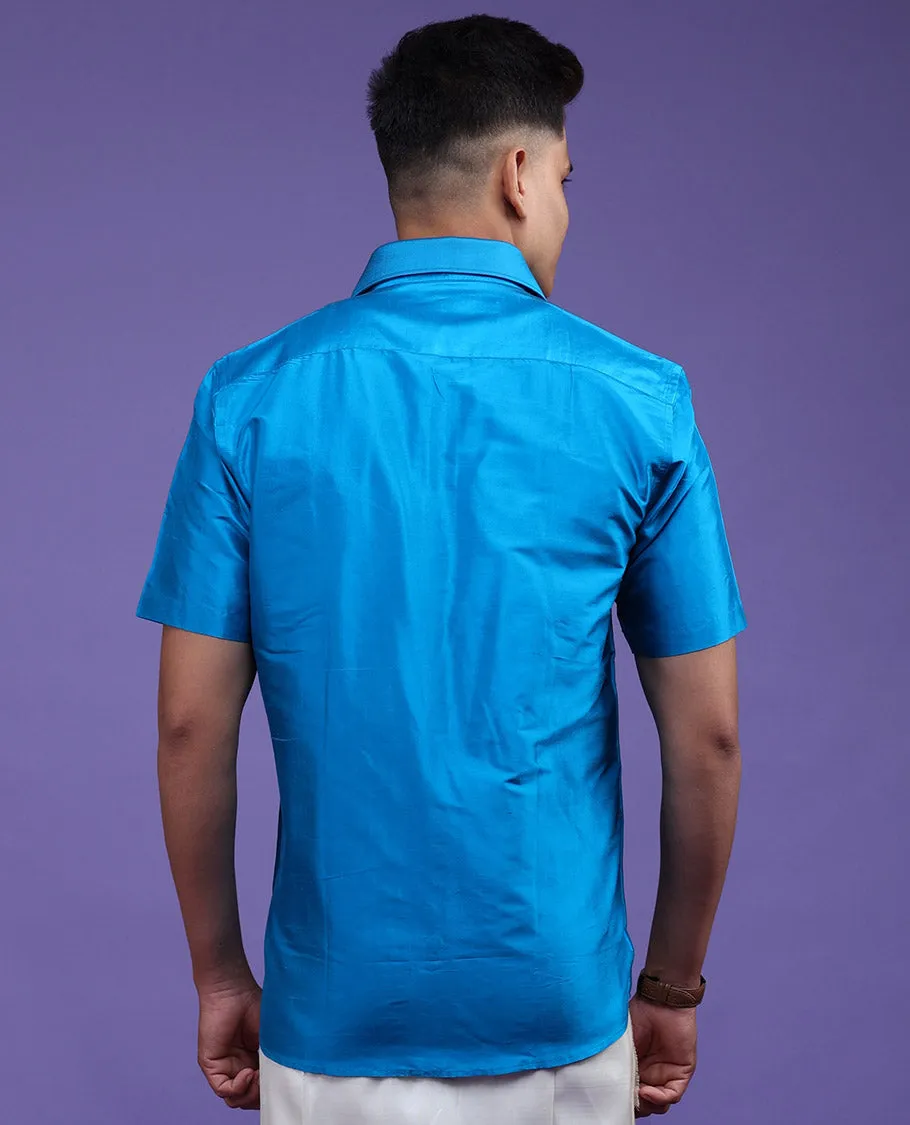 Light blue color plain design half-sleeve pure-silk shirt