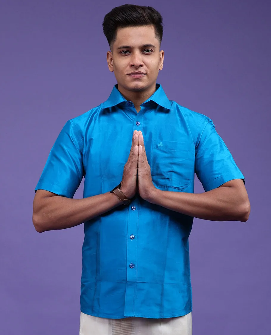 Light blue color plain design half-sleeve pure-silk shirt