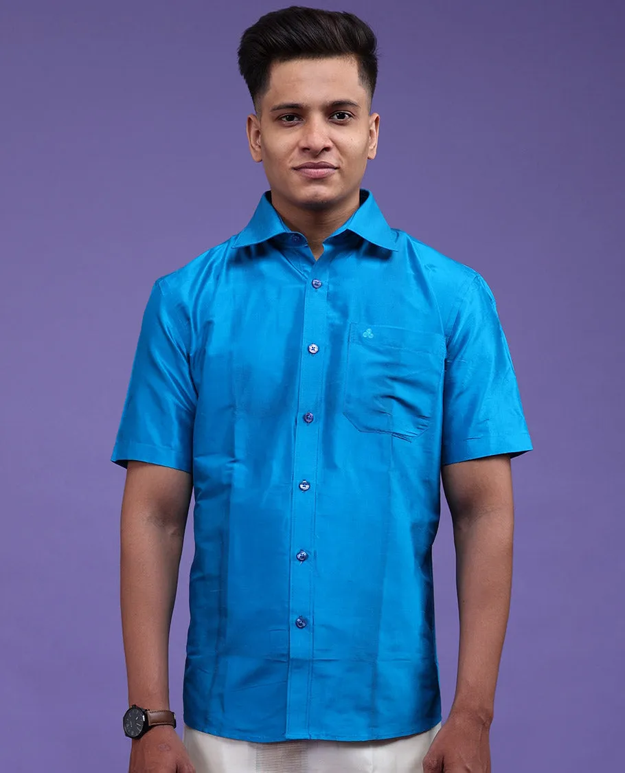 Light blue color plain design half-sleeve pure-silk shirt