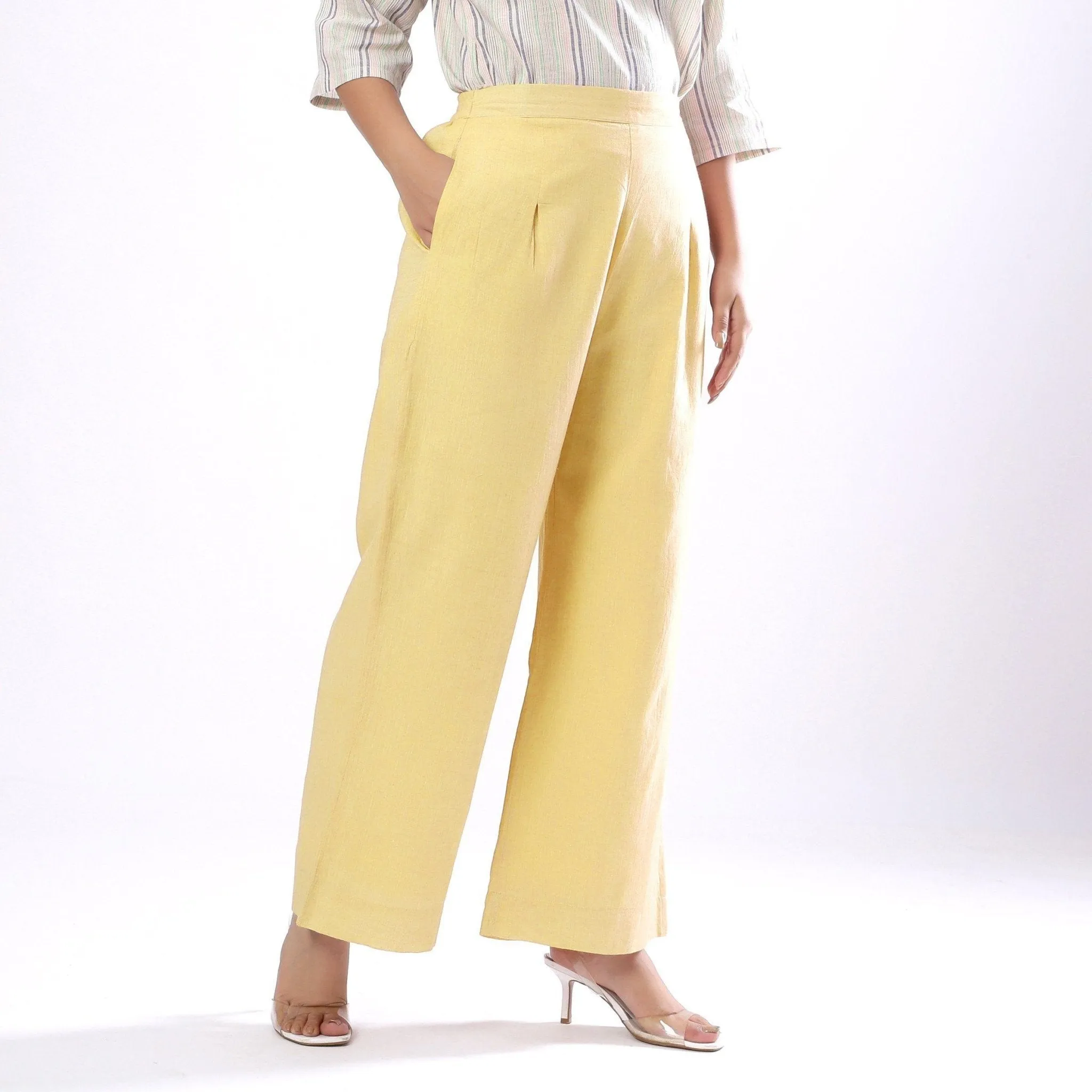 Light Yellow Handspun Cotton Elasticated Wide Legged Pant