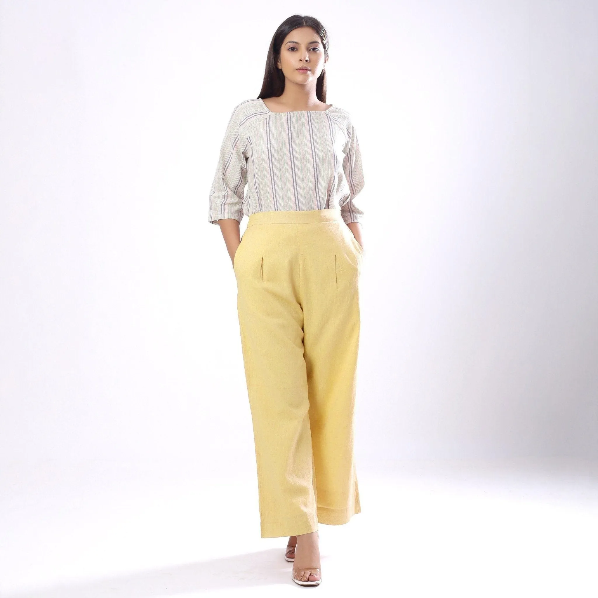 Light Yellow Handspun Cotton Elasticated Wide Legged Pant