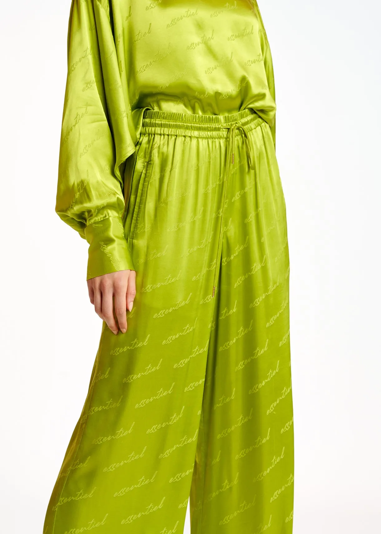 Lime green satin jacquard wide-leg pants