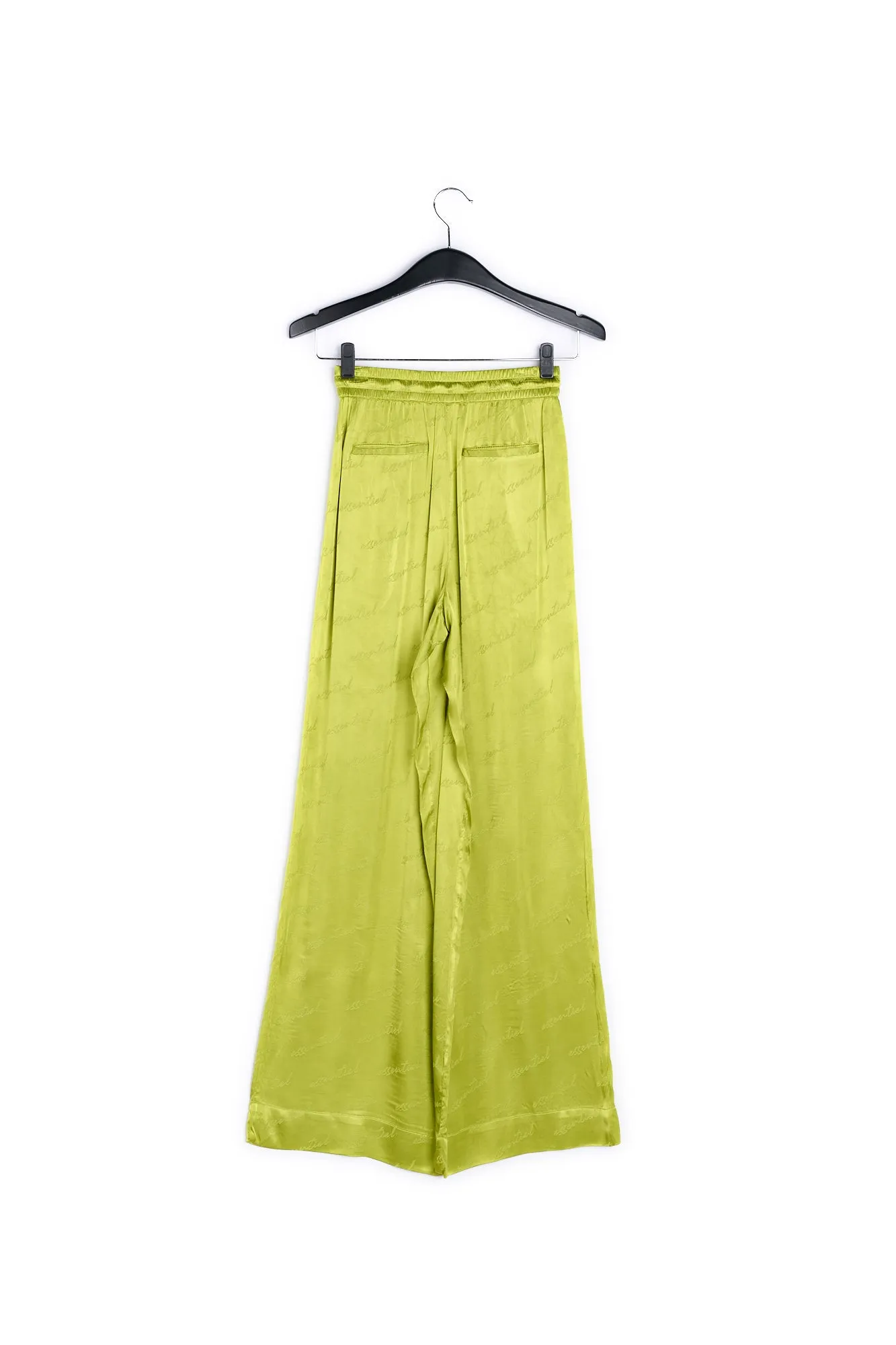 Lime green satin jacquard wide-leg pants