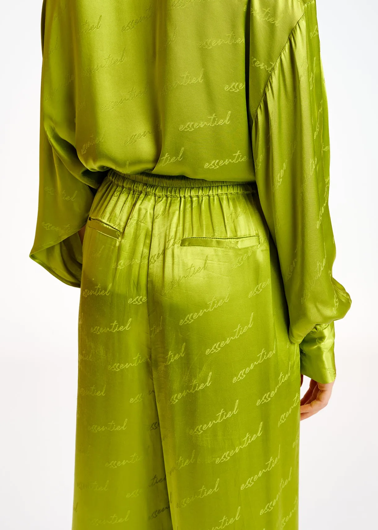 Lime green satin jacquard wide-leg pants