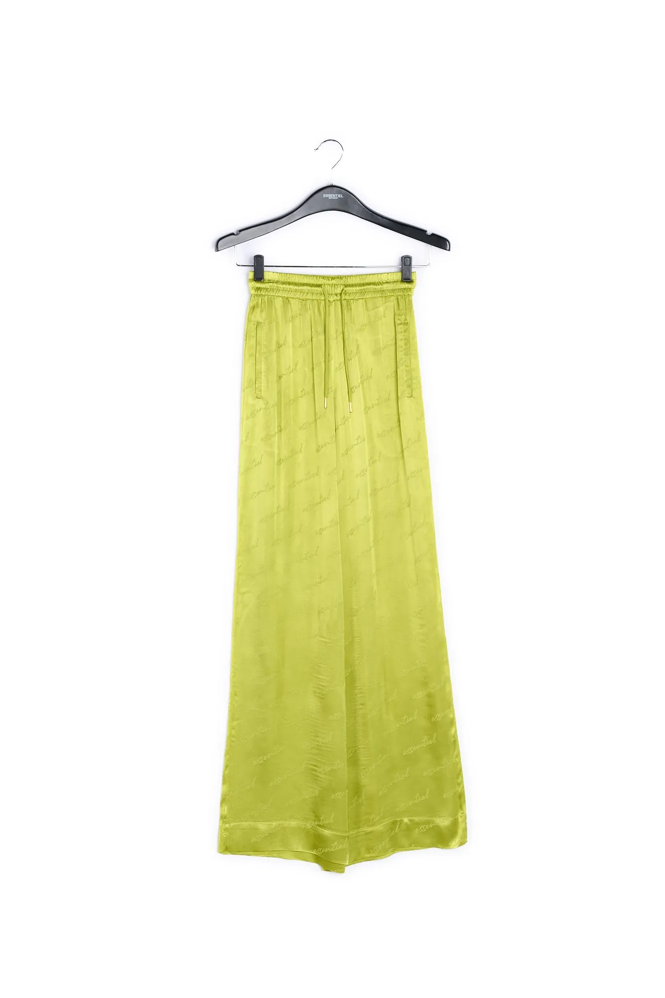 Lime green satin jacquard wide-leg pants