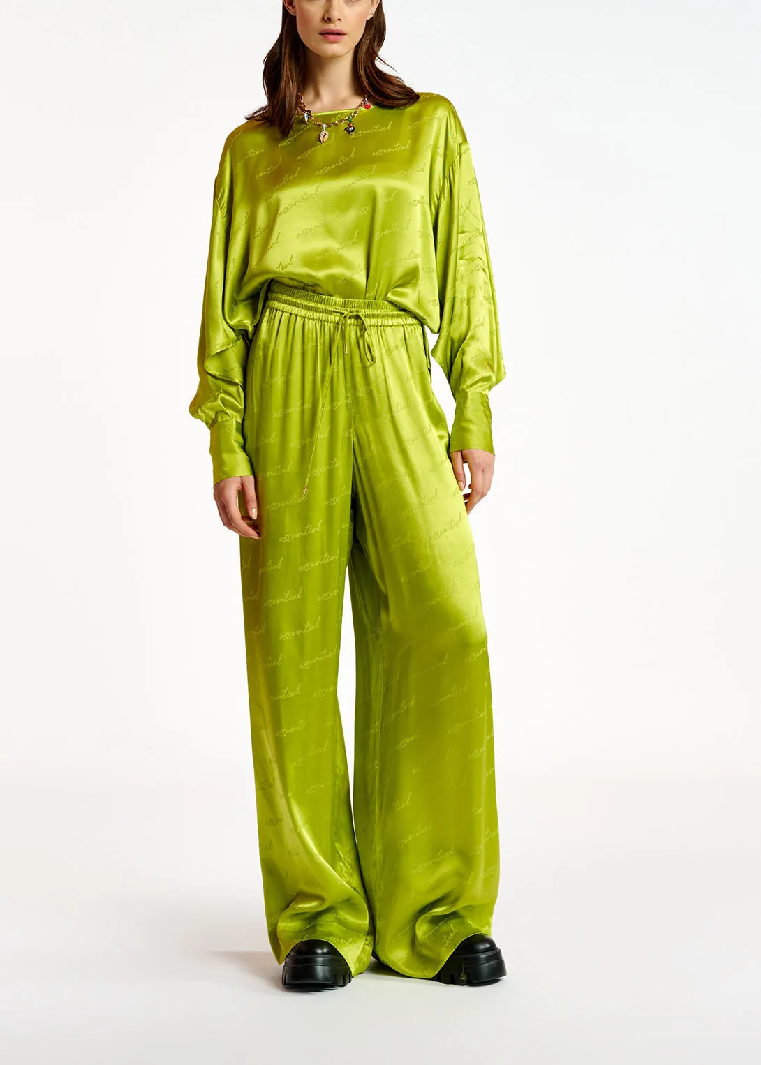 Lime green satin jacquard wide-leg pants