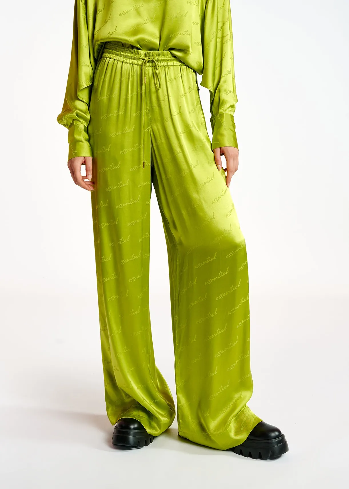 Lime green satin jacquard wide-leg pants