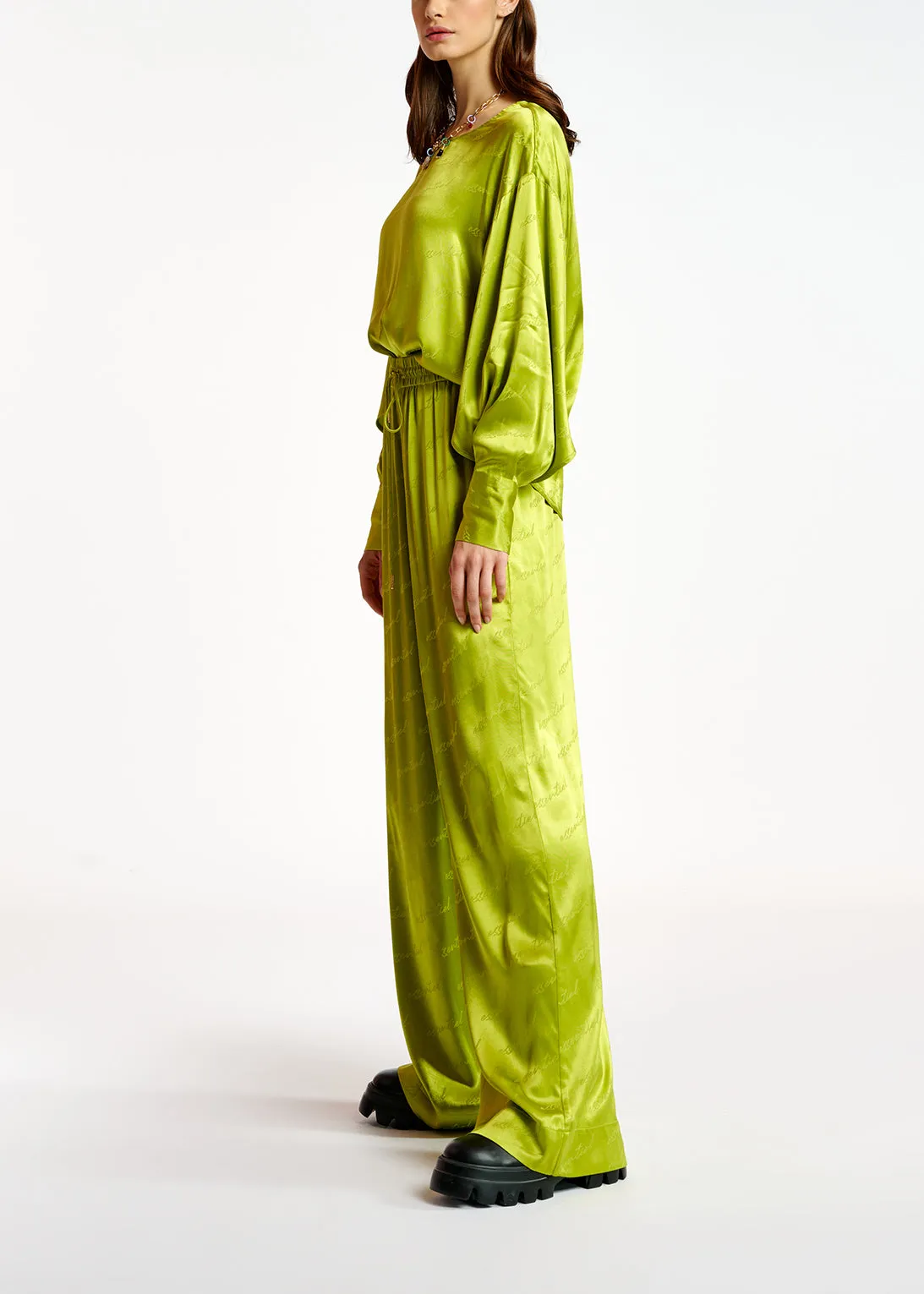 Lime green satin jacquard wide-leg pants