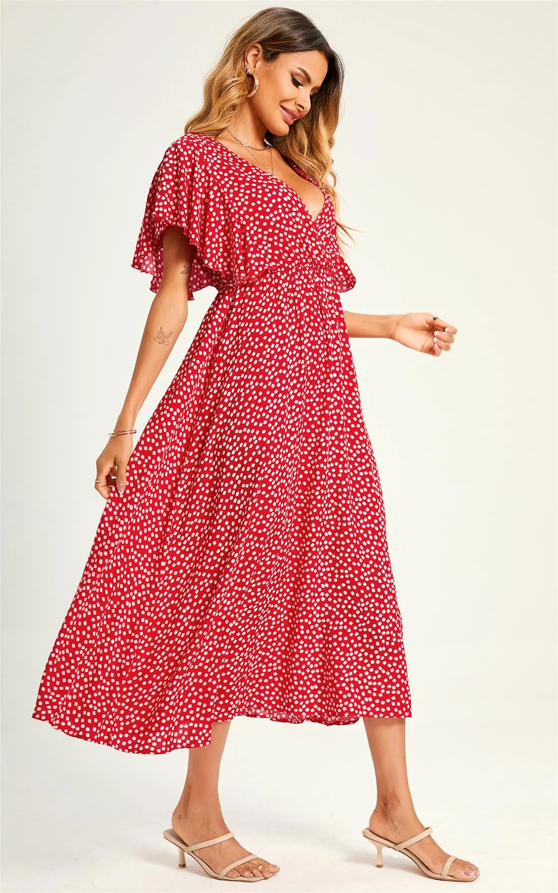 Little Flora Angel Sleeve Midi Dress In Red