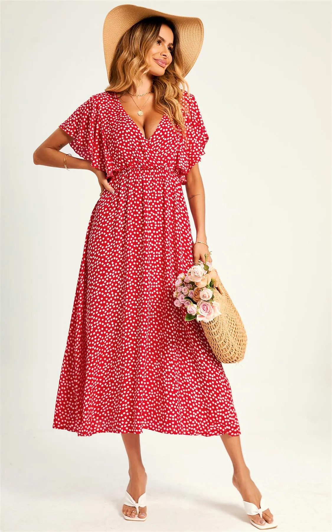 Little Flora Angel Sleeve Midi Dress In Red