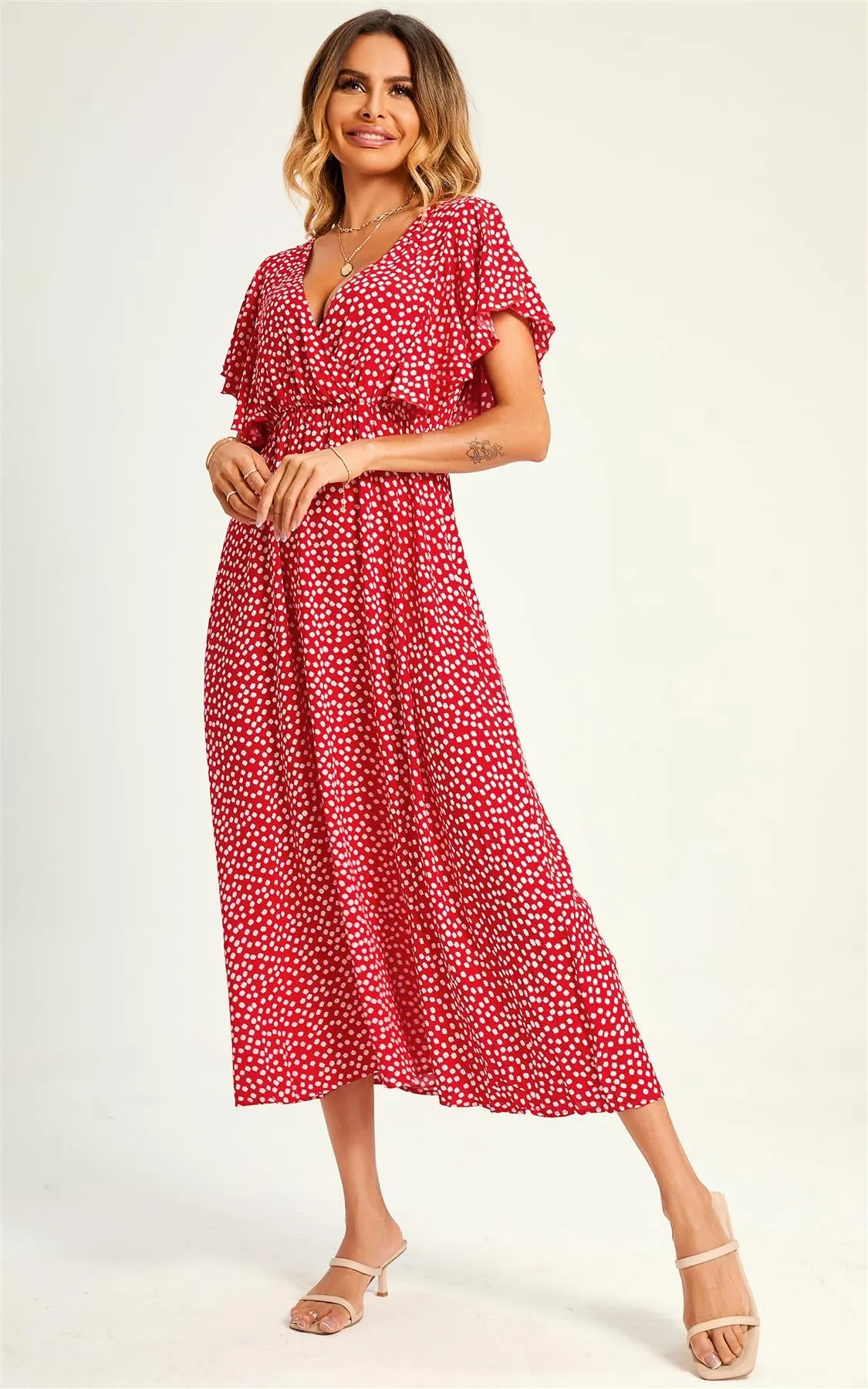 Little Flora Angel Sleeve Midi Dress In Red