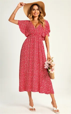 Little Flora Angel Sleeve Midi Dress In Red