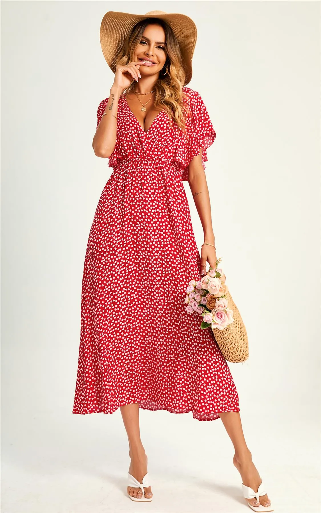 Little Flora Angel Sleeve Midi Dress In Red