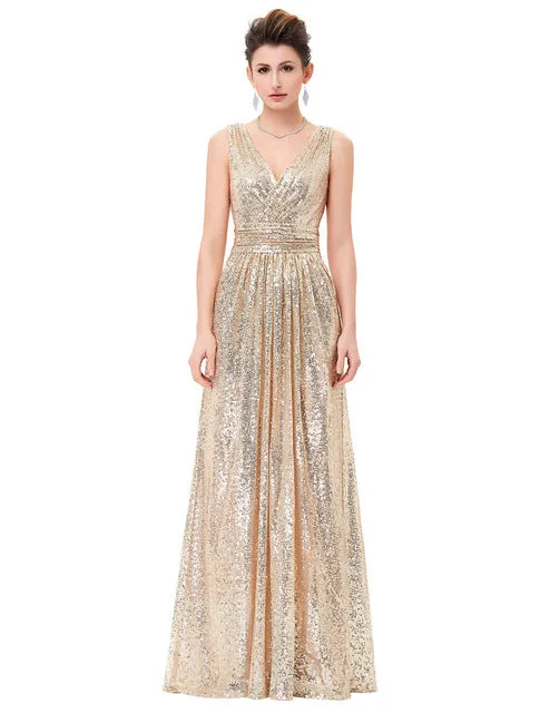 Luxury Gold Silver Long V Neck Cheap Evening Gowns