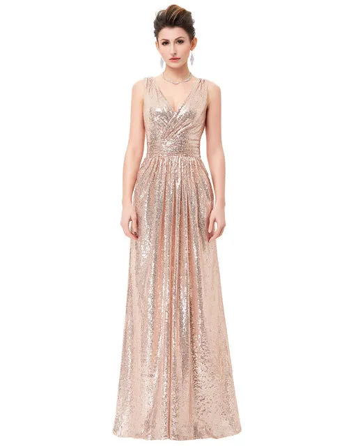 Luxury Gold Silver Long V Neck Cheap Evening Gowns