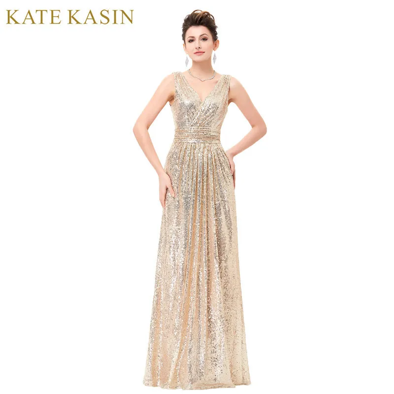 Luxury Gold Silver Long V Neck Cheap Evening Gowns