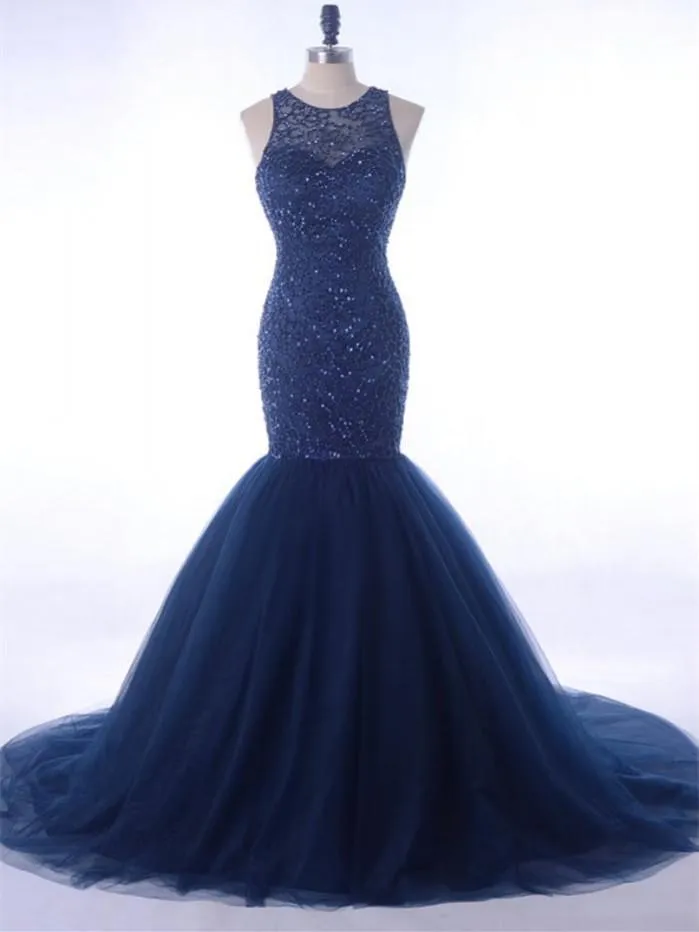 Mermaid Formal Dresses Scoop Tulle Sequined Evening Dresses ASD27099