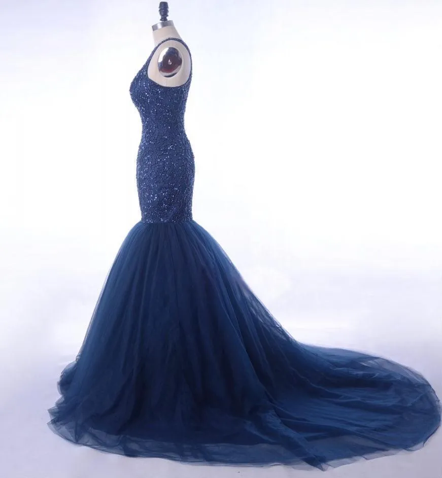 Mermaid Formal Dresses Scoop Tulle Sequined Evening Dresses ASD27099