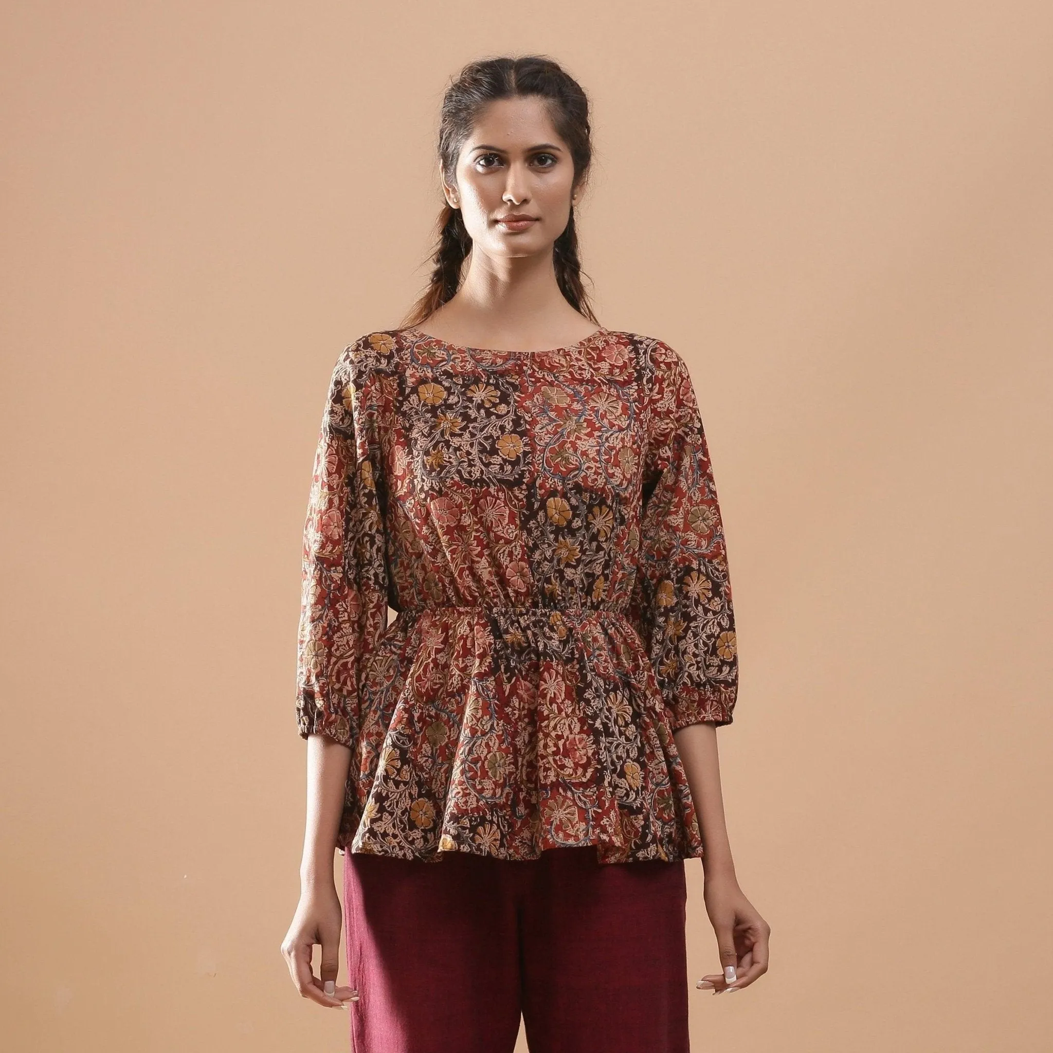 Muddy Red Kalamkari Block Print Cotton Peplum Top