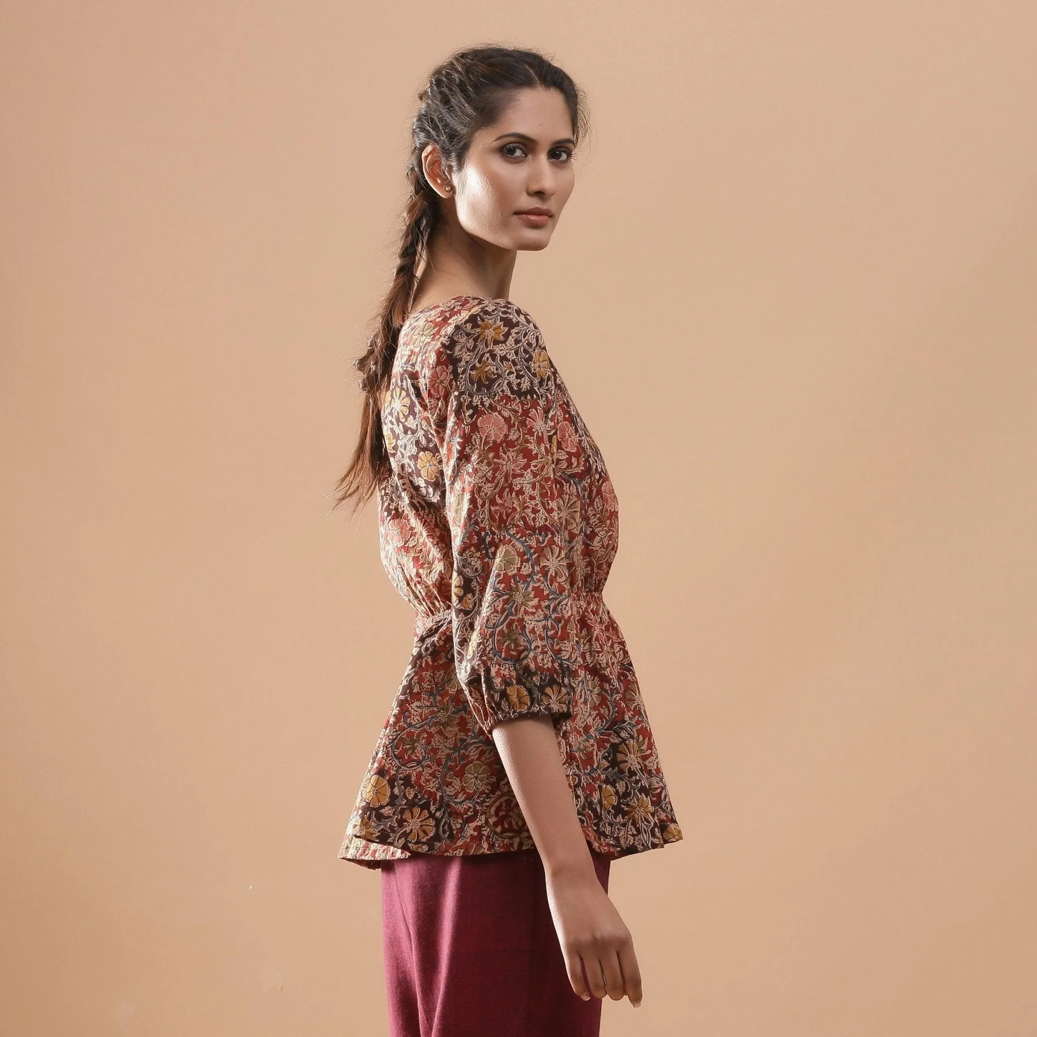 Muddy Red Kalamkari Block Print Cotton Peplum Top