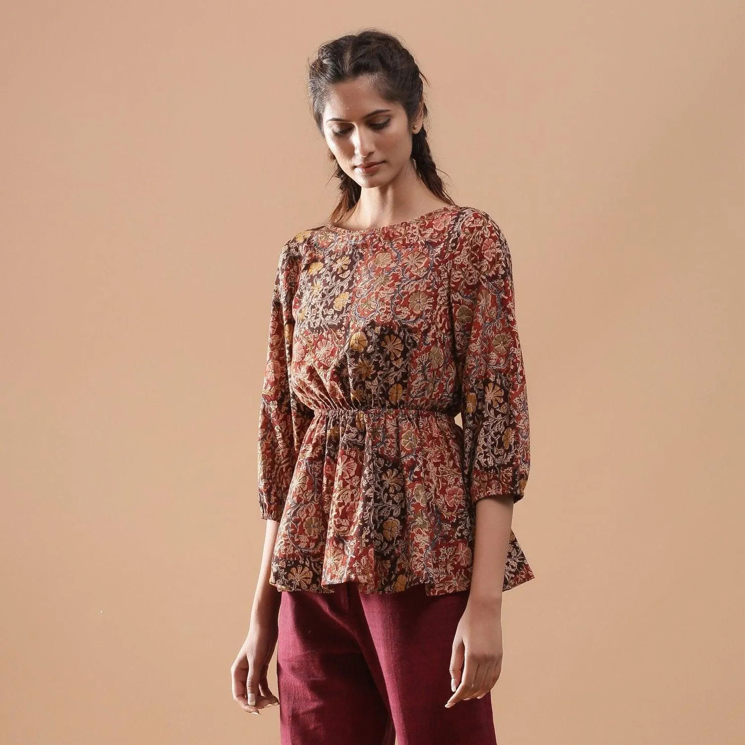 Muddy Red Kalamkari Block Print Cotton Peplum Top