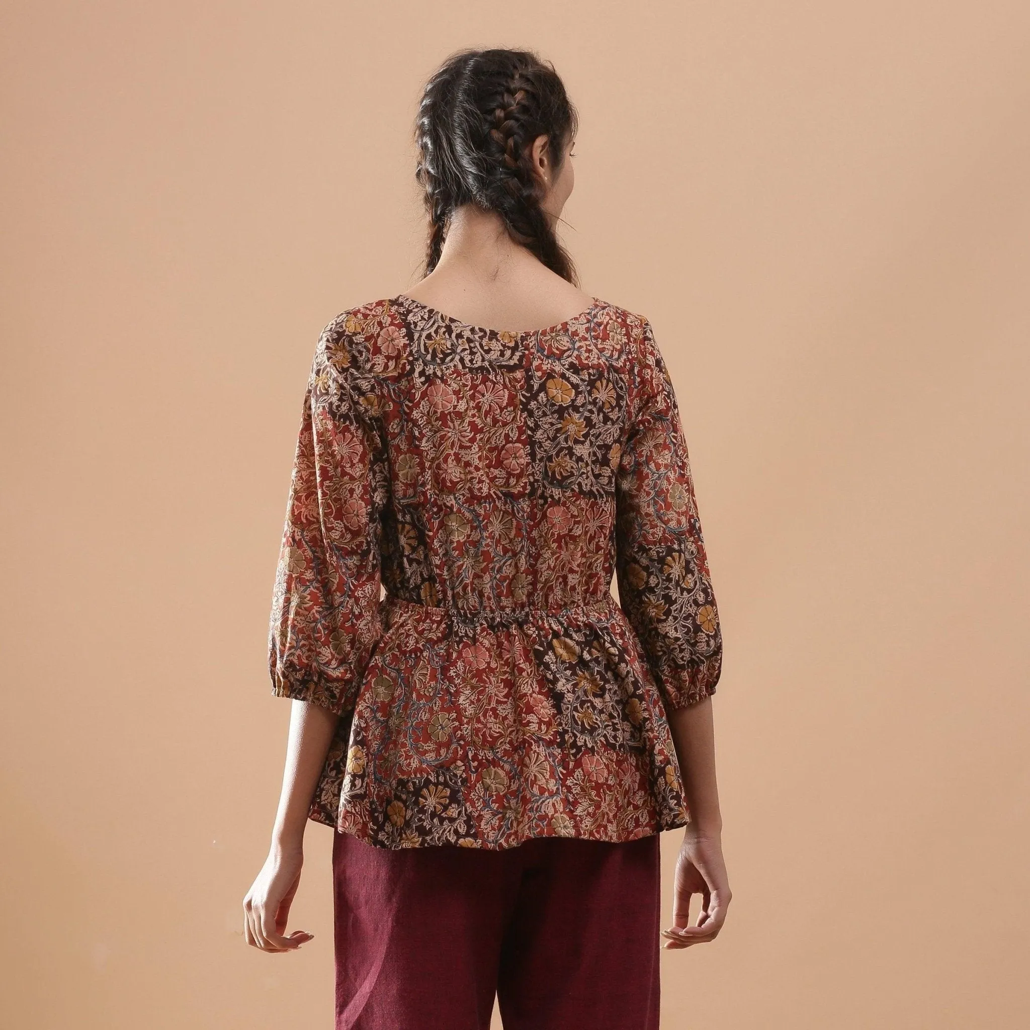 Muddy Red Kalamkari Block Print Cotton Peplum Top