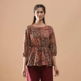 Muddy Red Kalamkari Block Print Cotton Peplum Top