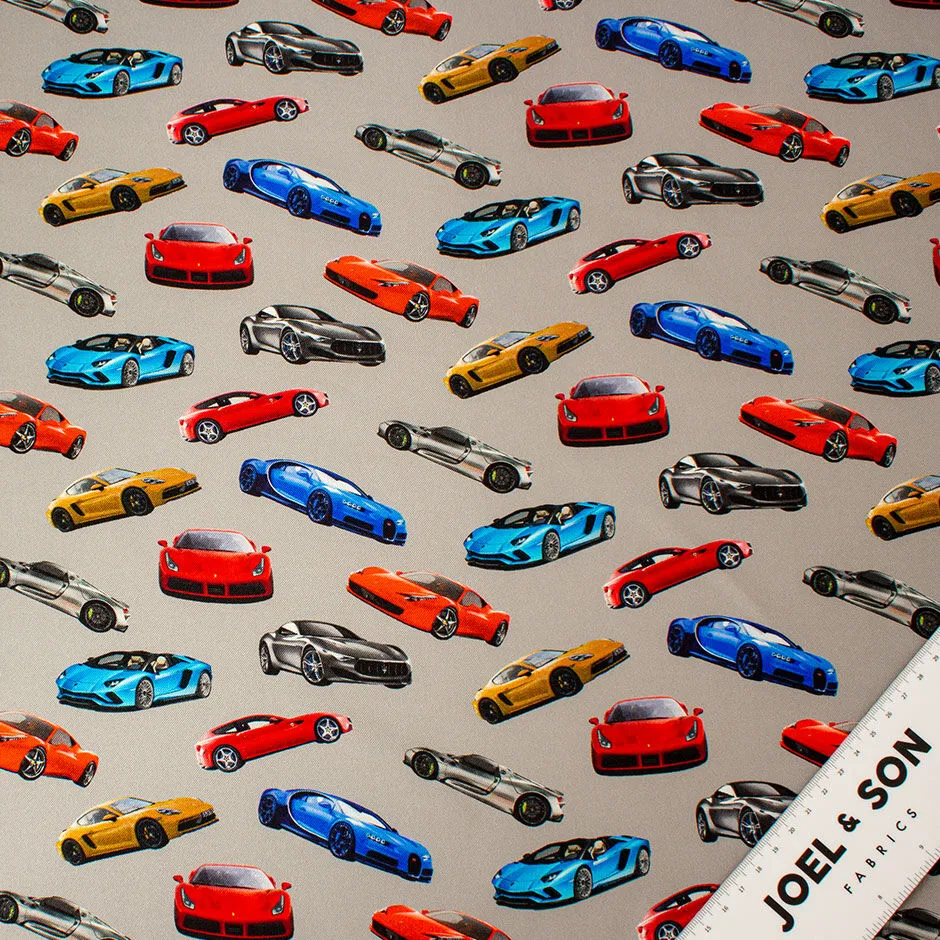 Multi-Coloured 'Sports Cars' Printed Grey Silk Twill