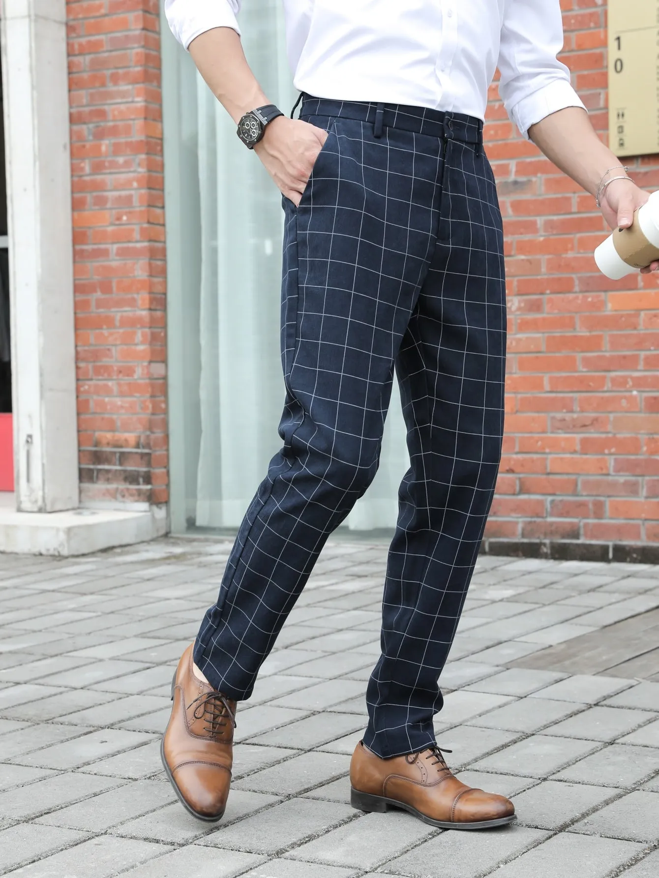 Navy Blue Grid Print Zipper Fly Tailored Trousers