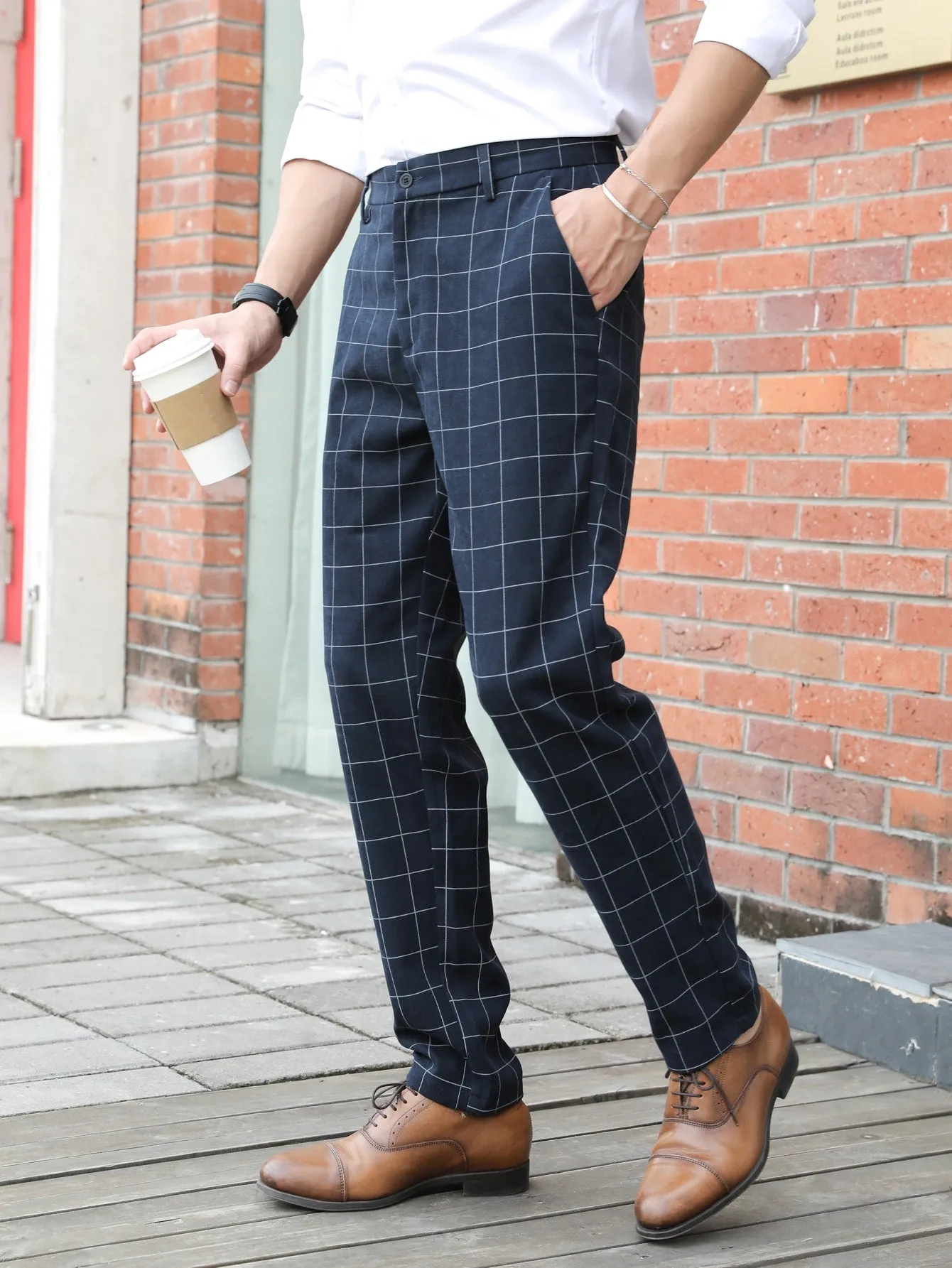 Navy Blue Grid Print Zipper Fly Tailored Trousers