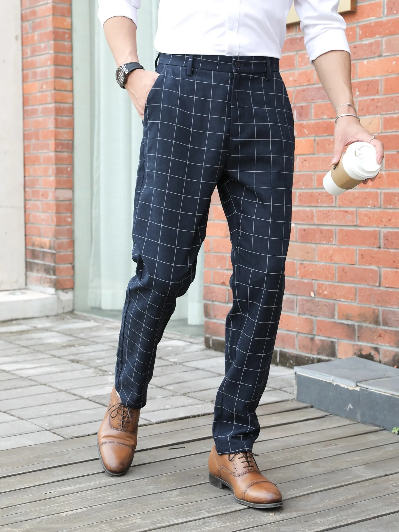 Navy Blue Grid Print Zipper Fly Tailored Trousers