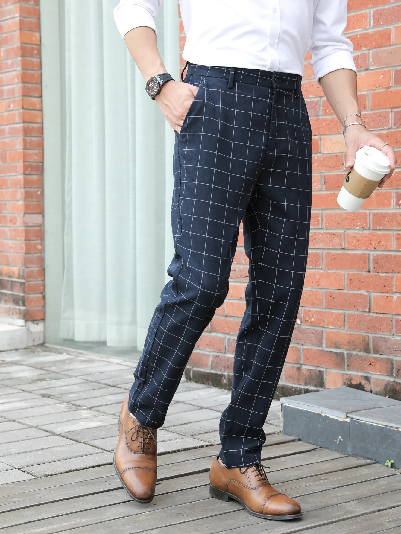 Navy Blue Grid Print Zipper Fly Tailored Trousers