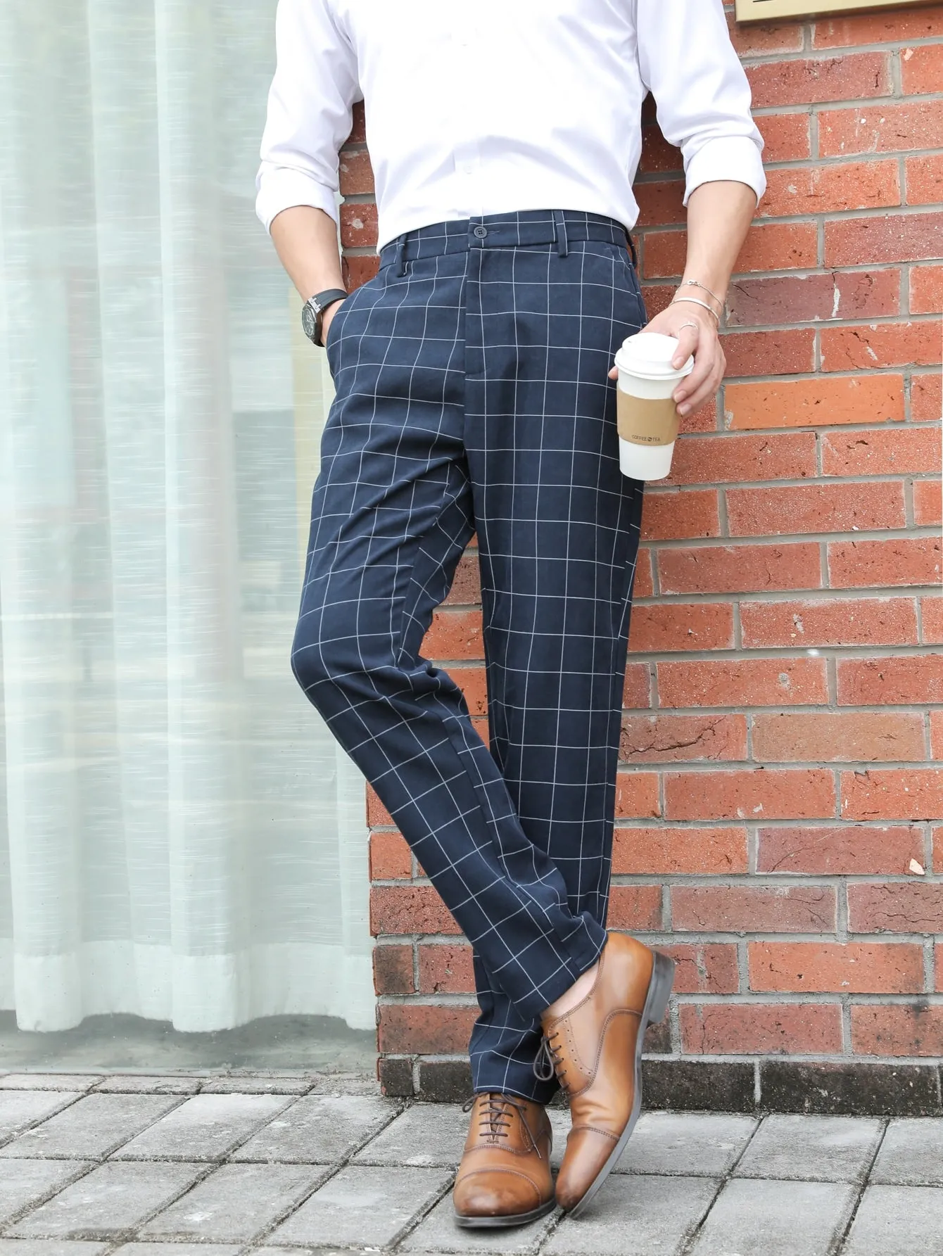 Navy Blue Grid Print Zipper Fly Tailored Trousers