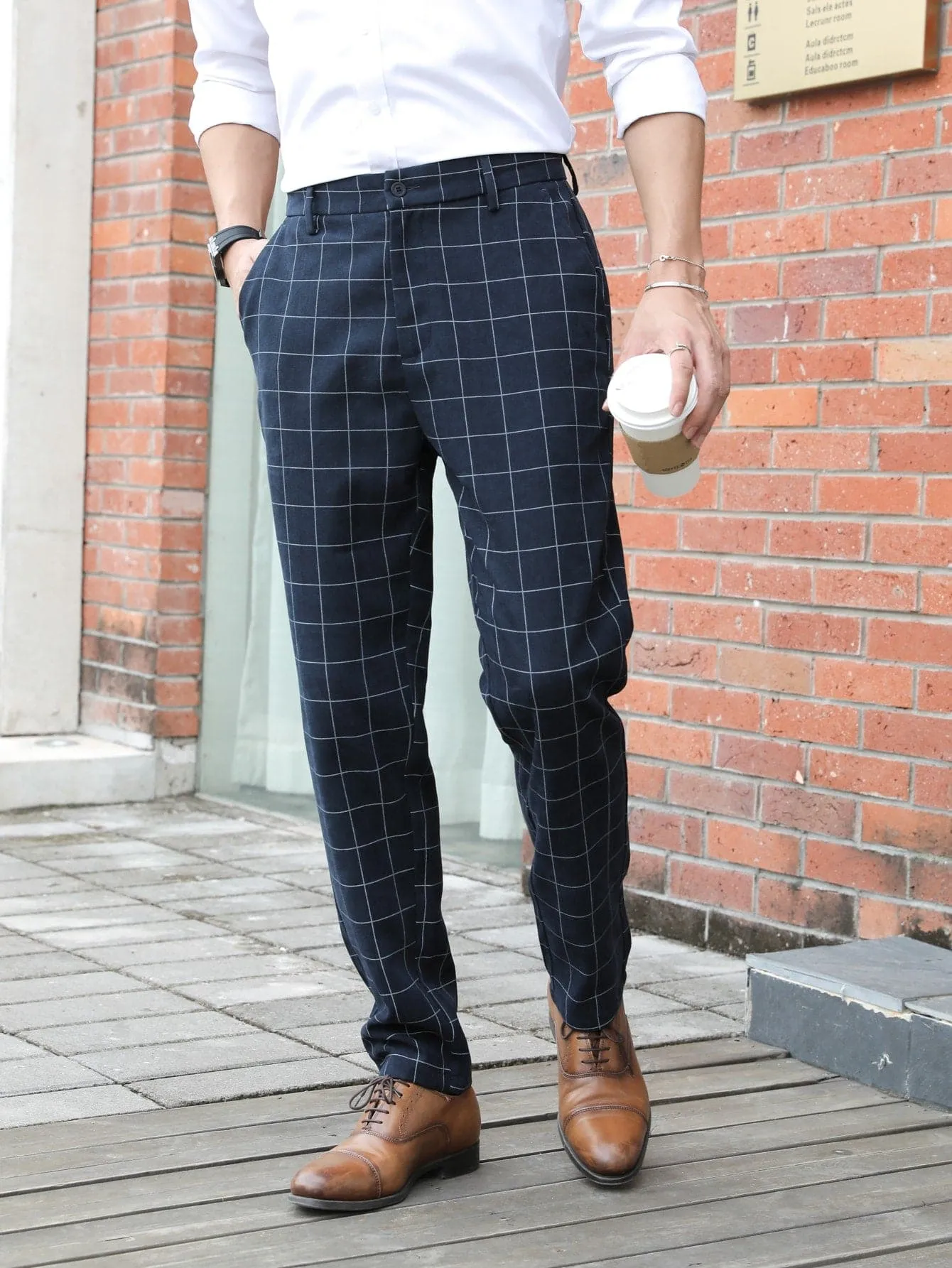 Navy Blue Grid Print Zipper Fly Tailored Trousers