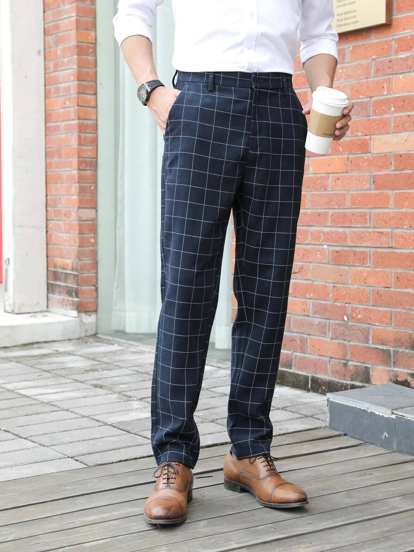 Navy Blue Grid Print Zipper Fly Tailored Trousers