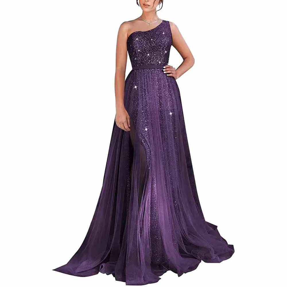 One Shoulder Prom Dress Sequin Formal Dresses Sparkly Evening Gowns Tulle Ball Gown