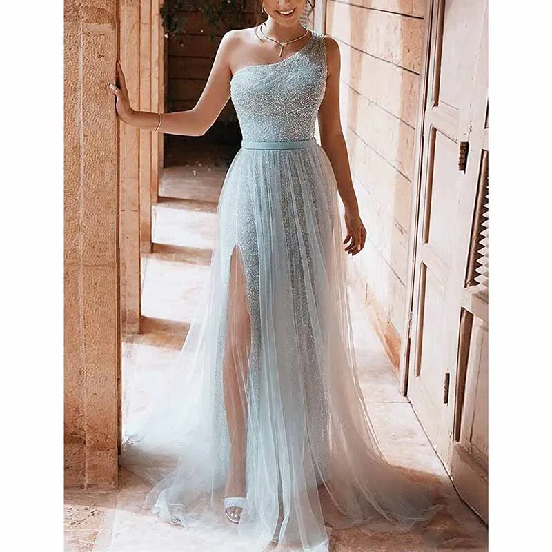 One Shoulder Prom Dress Sequin Formal Dresses Sparkly Evening Gowns Tulle Ball Gown