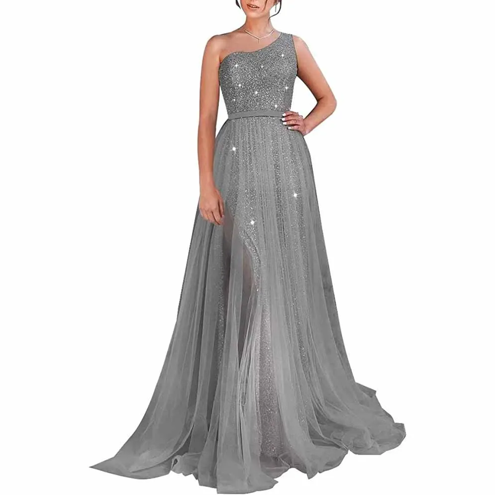 One Shoulder Prom Dress Sequin Formal Dresses Sparkly Evening Gowns Tulle Ball Gown