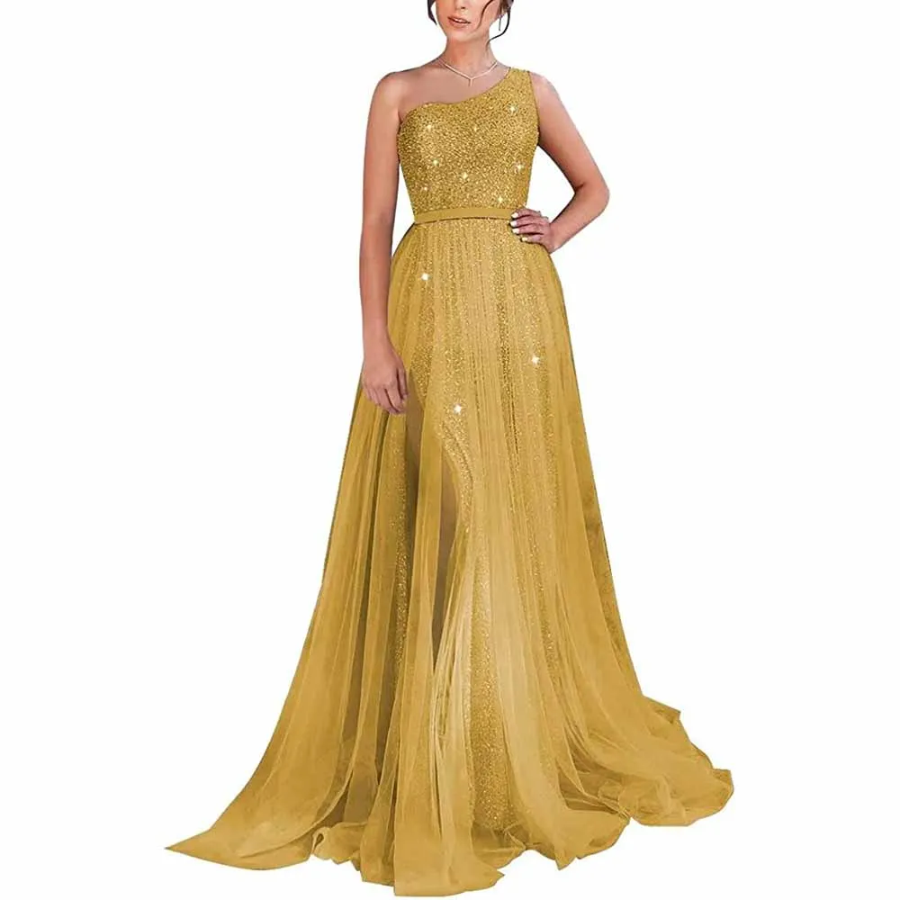 One Shoulder Prom Dress Sequin Formal Dresses Sparkly Evening Gowns Tulle Ball Gown