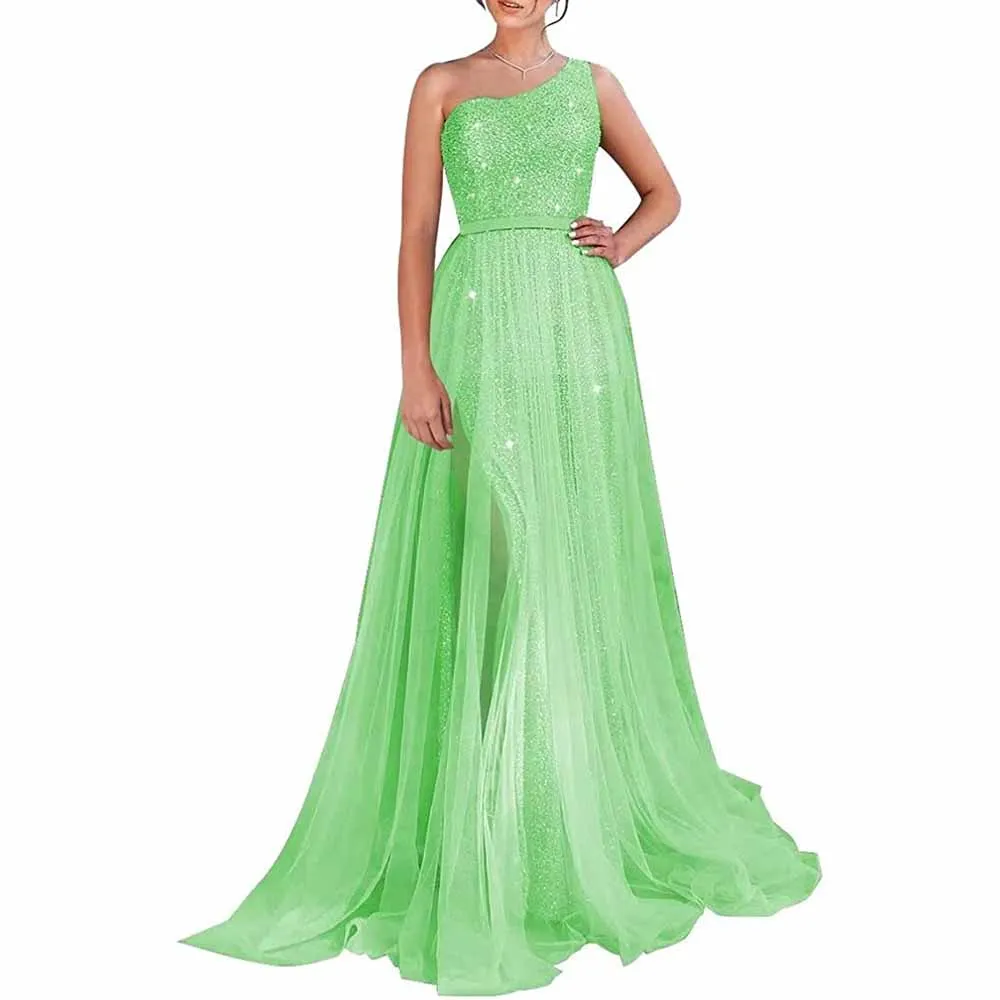 One Shoulder Prom Dress Sequin Formal Dresses Sparkly Evening Gowns Tulle Ball Gown