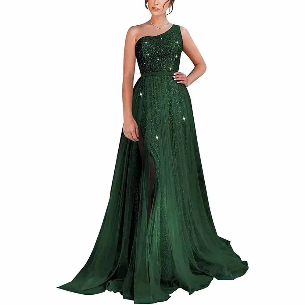 One Shoulder Prom Dress Sequin Formal Dresses Sparkly Evening Gowns Tulle Ball Gown